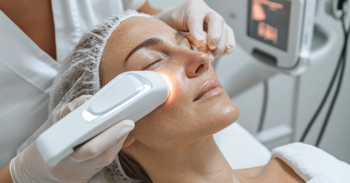 Aesthetic provider performing a laser skin treatment on a woman’s face to reduce fine lines and wrinkles in a medical spa setting in Washington, DC.