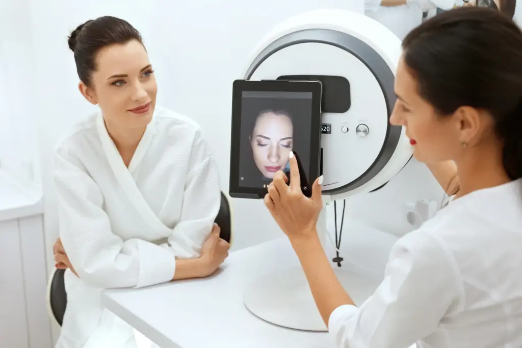 A woman is receiving Aura Reality Skin Analysis at Ritual by Tracy Holzman NP-C in Washington, DC